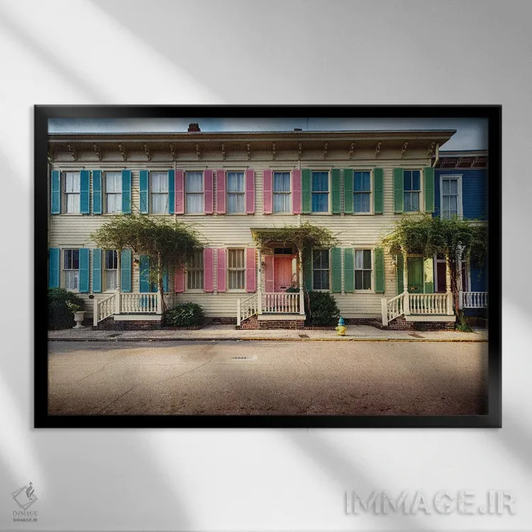 تابلو دکوراتیو خانه های تاریخی رنگارنگ، ساوانا، جورجیا اثر جورج اوزه - نمای قابدار مشکی