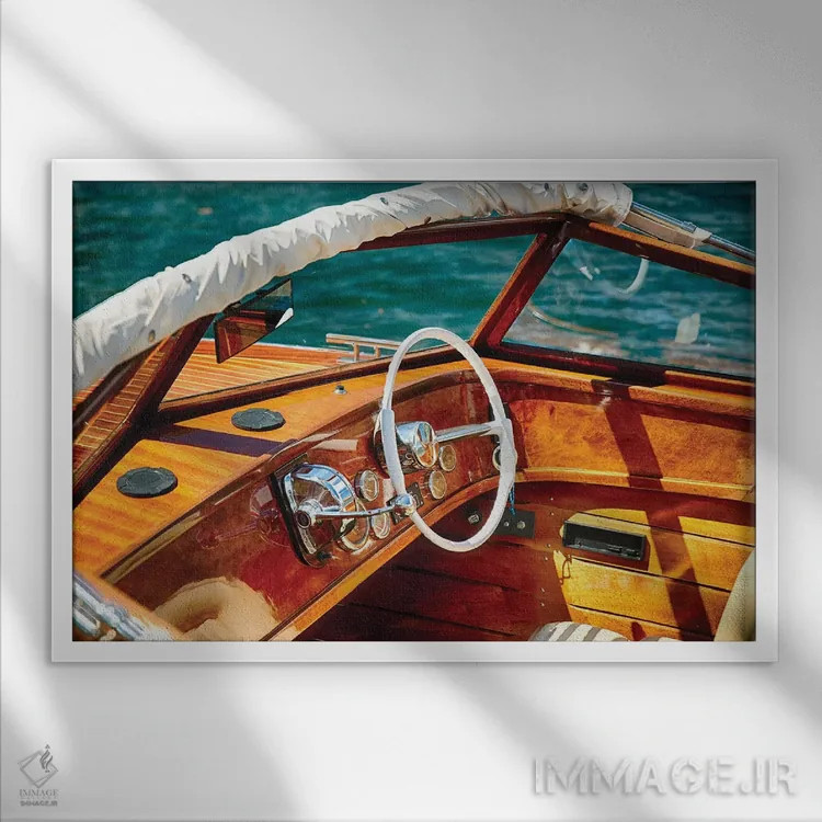 تابلو دکوراتیو فرمان و کنترل های قایق موتوری کلاسیک، دریاچه کومو، ایتالیا اثر جورج اوزه - نمای قابدار سفید