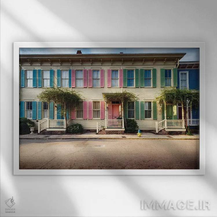 تابلو دکوراتیو خانه های تاریخی رنگارنگ، ساوانا، جورجیا اثر جورج اوزه - نمای قابدار سفید