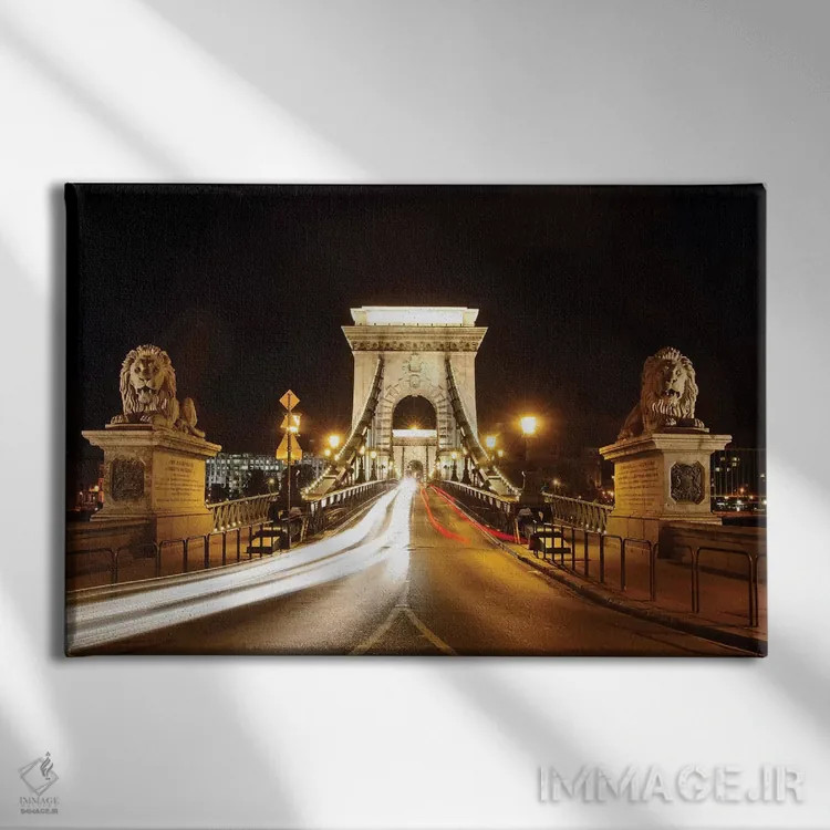 تابلو دکوراتیو مجسمه های شیر پل زنجیر در شب، بوداپست، مجارستان اثر جورج اوزه - نمای روبهرو روی دیوار