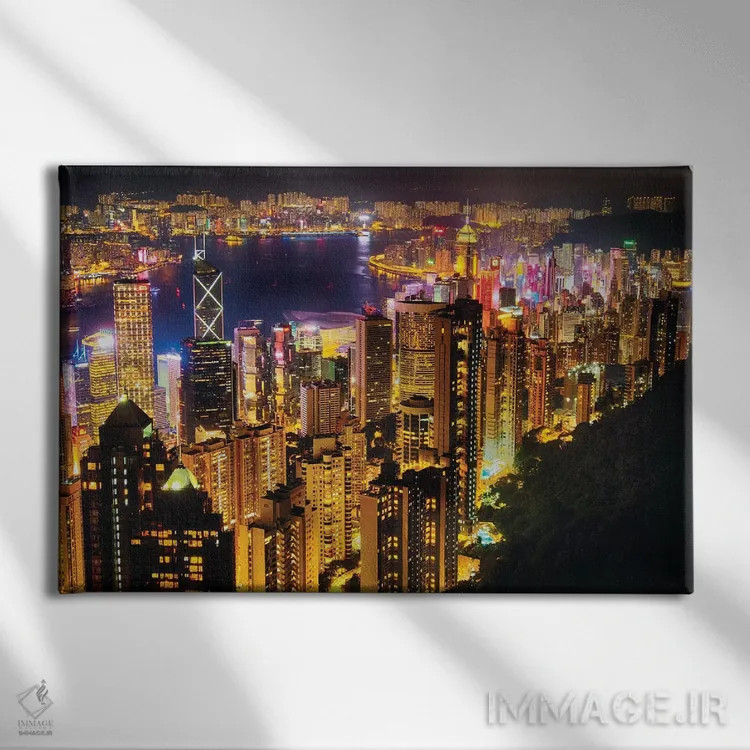 تابلو دکوراتیو نمای افق شبانه هنگ کنگ اثر جورج اوزه - نمای روبهرو روی دیوار