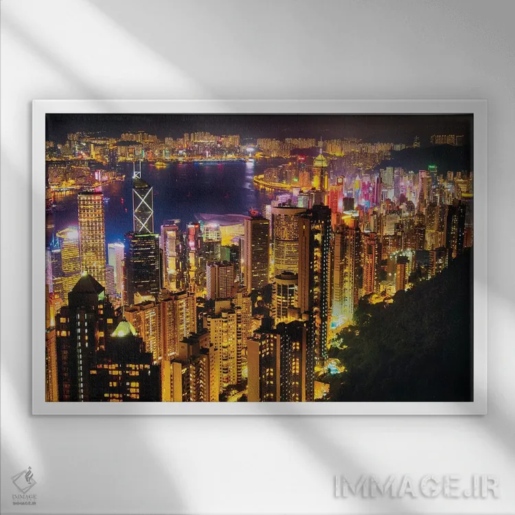 تابلو دکوراتیو نمای افق شبانه هنگ کنگ اثر جورج اوزه - نمای قابدار سفید