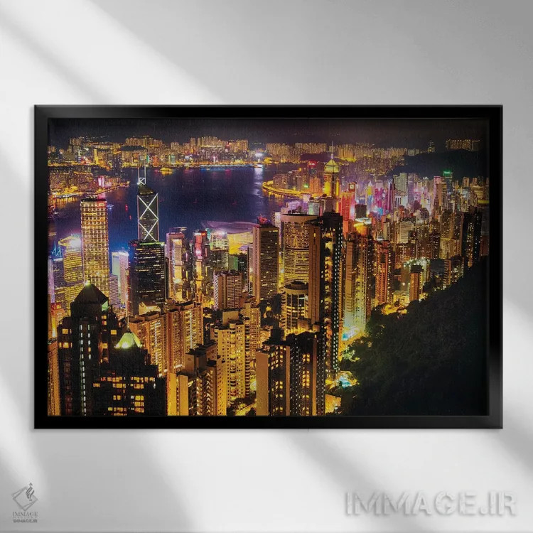تابلو دکوراتیو نمای افق شبانه هنگ کنگ اثر جورج اوزه - نمای قابدار مشکی