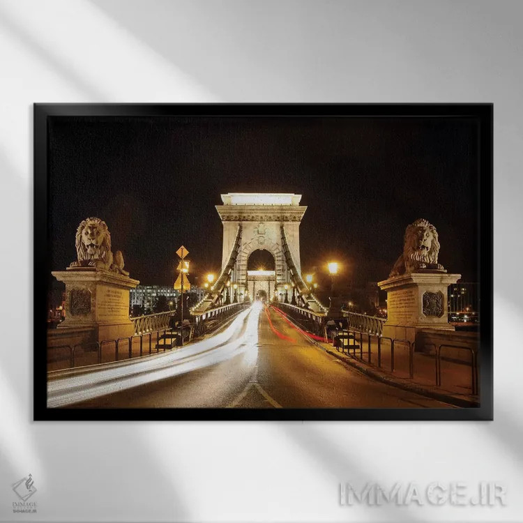 تابلو دکوراتیو مجسمه های شیر پل زنجیر در شب، بوداپست، مجارستان اثر جورج اوزه - نمای قابدار مشکی