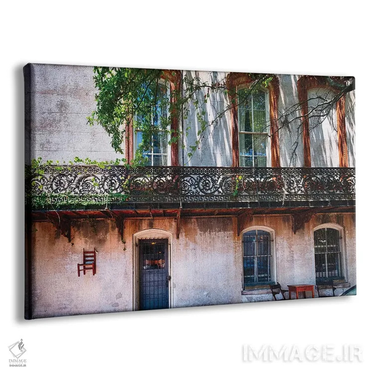 تابلو دکوراتیو خانه قدیمی با بالکن آهنی، ساوانا، جورجیا اثر جورج اوزه - نمای پرسپکتیو محصول