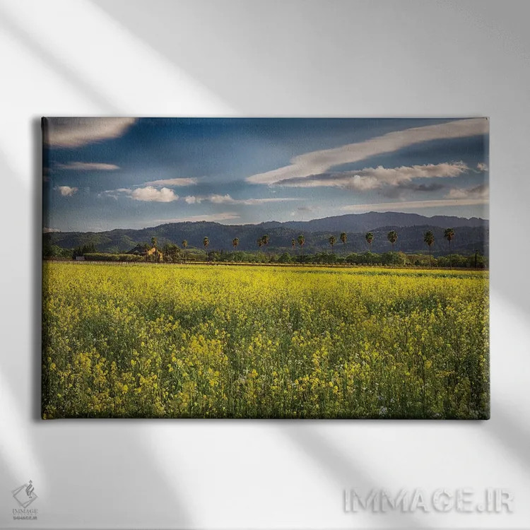 تابلو دکوراتیو چشم انداز بهاری دره ناپا با گل خردل زرد شکفته اثر جورج اوزه - نمای روبهرو روی دیوار