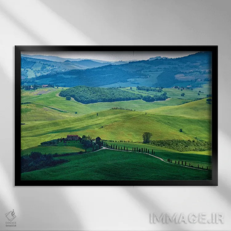 تابلو دکوراتیو تپه های موج دار با مزارع، وال دورچیا، توسکانی، ایتالیا اثر جورج اوزه - نمای قابدار مشکی