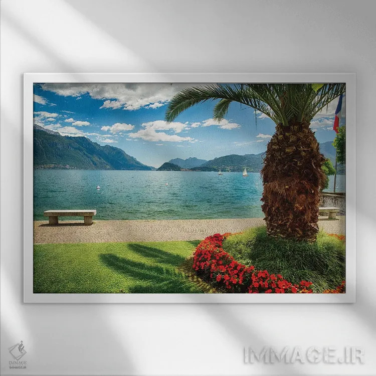 تابلو دکوراتیو نمای دیدنی از دریاچه کومو از پارک، ماجوره، دریاچه کومو، لومبا… اثر جورج اوزه - نمای قابدار سفید