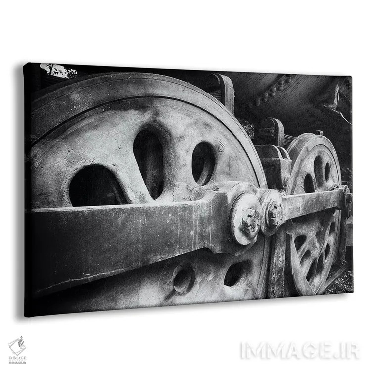 تابلو دکوراتیو نمای نزدیک از چرخ های لوکوموتیو فولادی اثر جورج اوزه - نمای پرسپکتیو محصول
