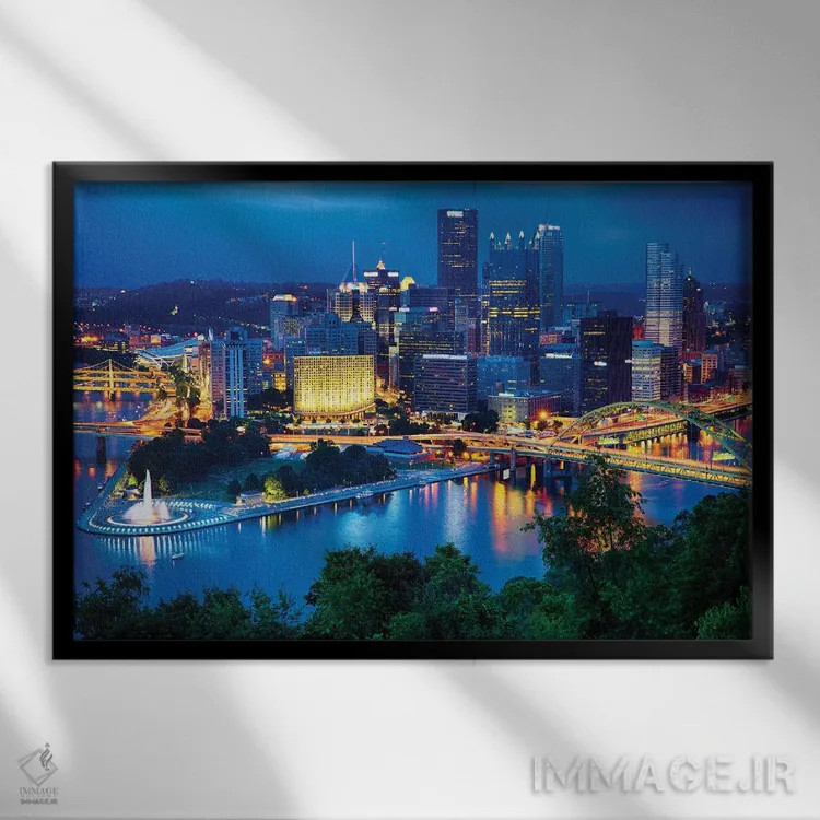تابلو دکوراتیو نمای شبانه مرکز شهر پیتسبورگ اثر جورج اوزه - نمای قابدار مشکی