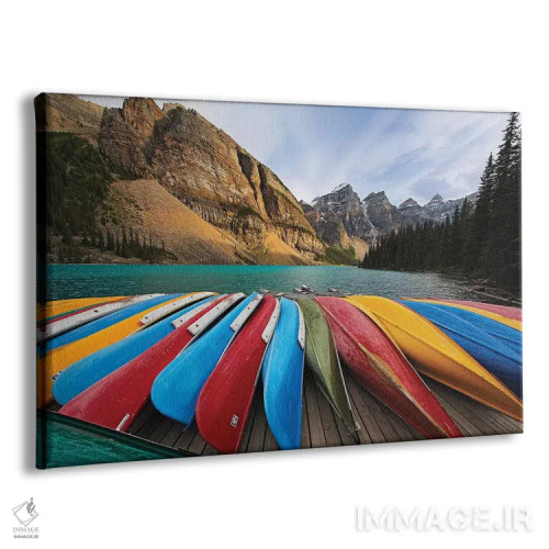 تابلو دکوراتیو کانوی های رنگارنگ روی اسکله، دریاچه مورین، کانادا اثر جورج اوزه - نمای پرسپکتیو محصول