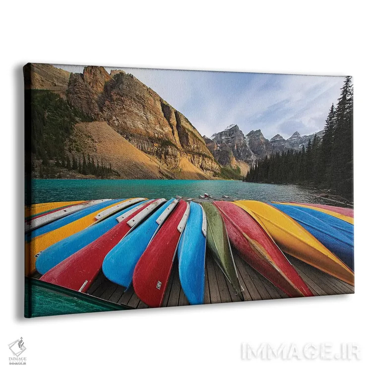 تابلو دکوراتیو کانوی های رنگارنگ روی اسکله، دریاچه مورین، کانادا اثر جورج اوزه - نمای پرسپکتیو محصول