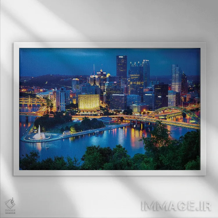 تابلو دکوراتیو نمای شبانه مرکز شهر پیتسبورگ اثر جورج اوزه - نمای قابدار سفید