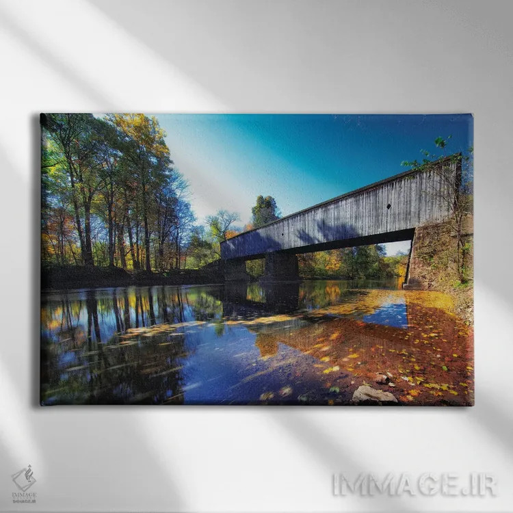 تابلو دکوراتیو منظره پاییزی در پل سرپوشیده شوفیلد فورد اثر جورج اوزه - نمای روبهرو روی دیوار