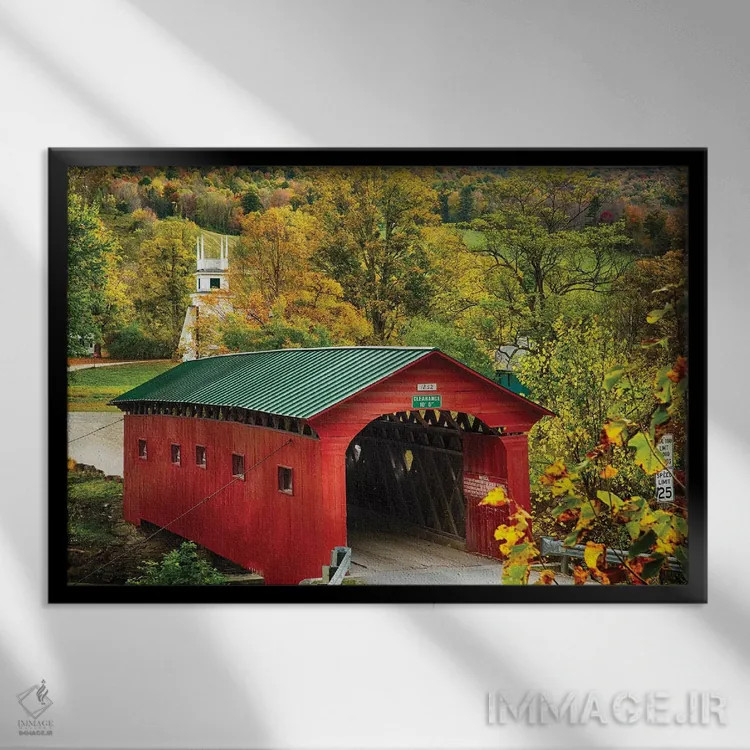 تابلو دکوراتیو پل سرپوشیده دیدنی وست آرلینگتون، ورمونت اثر جورج اوزه - نمای قابدار مشکی