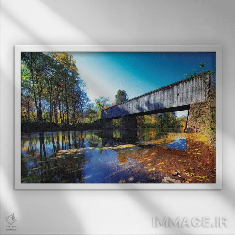 تابلو دکوراتیو منظره پاییزی در پل سرپوشیده شوفیلد فورد اثر جورج اوزه - نمای قابدار سفید