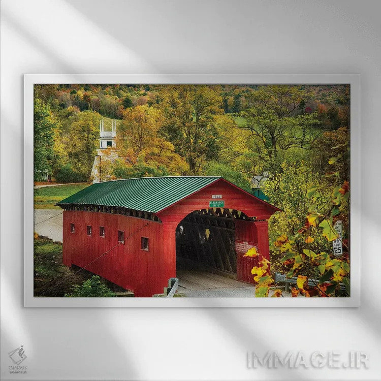 تابلو دکوراتیو پل سرپوشیده دیدنی وست آرلینگتون، ورمونت اثر جورج اوزه - نمای قابدار سفید