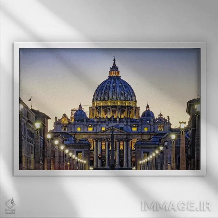 تابلو دکوراتیو باسیلیکای سنت پیترز در شب اثر جورج اوزه - نمای قابدار سفید