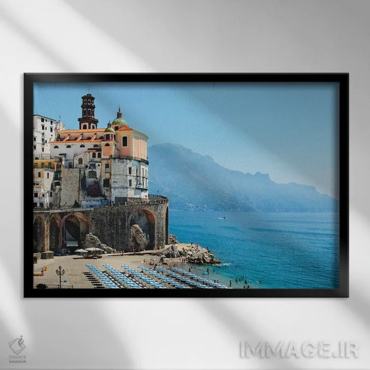 تابلو دکوراتیو ساحل آترانی، ساحل آمالفی، ایتالیا اثر جورج اوزه - نمای قابدار مشکی