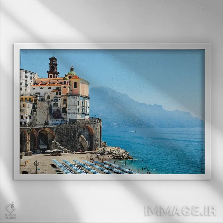 تابلو دکوراتیو ساحل آترانی، ساحل آمالفی، ایتالیا اثر جورج اوزه - نمای قابدار سفید