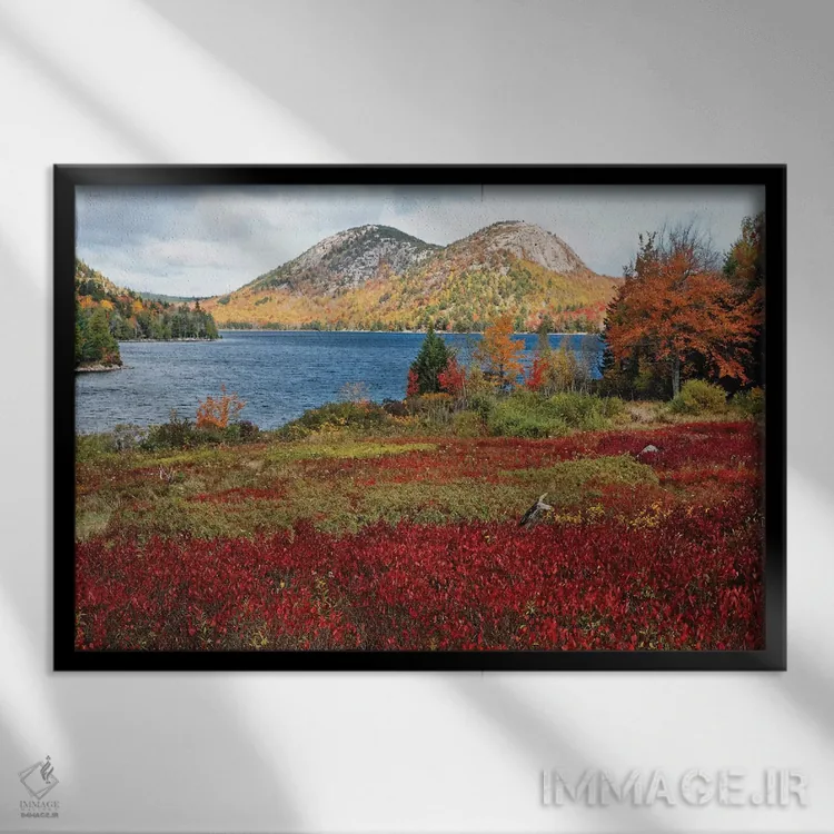 تابلو دکوراتیو برکه جوردن و حباب ها، منظره پاییزی، پارک ملی آکادیا، مین اثر جورج اوزه - نمای قابدار مشکی