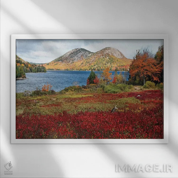 تابلو دکوراتیو برکه جوردن و حباب ها، منظره پاییزی، پارک ملی آکادیا، مین اثر جورج اوزه - نمای قابدار سفید