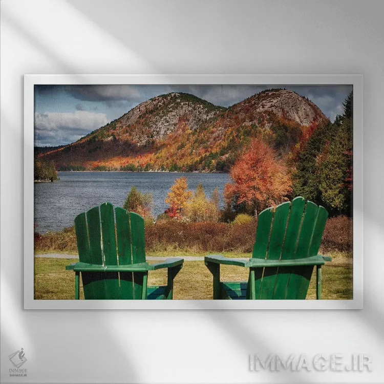 تابلو دکوراتیو دو صندلی آدیرونداک کنار برکه جوردن، کوه جزیره دیزرت، پارک ملی… اثر جورج اوزه - نمای قابدار سفید