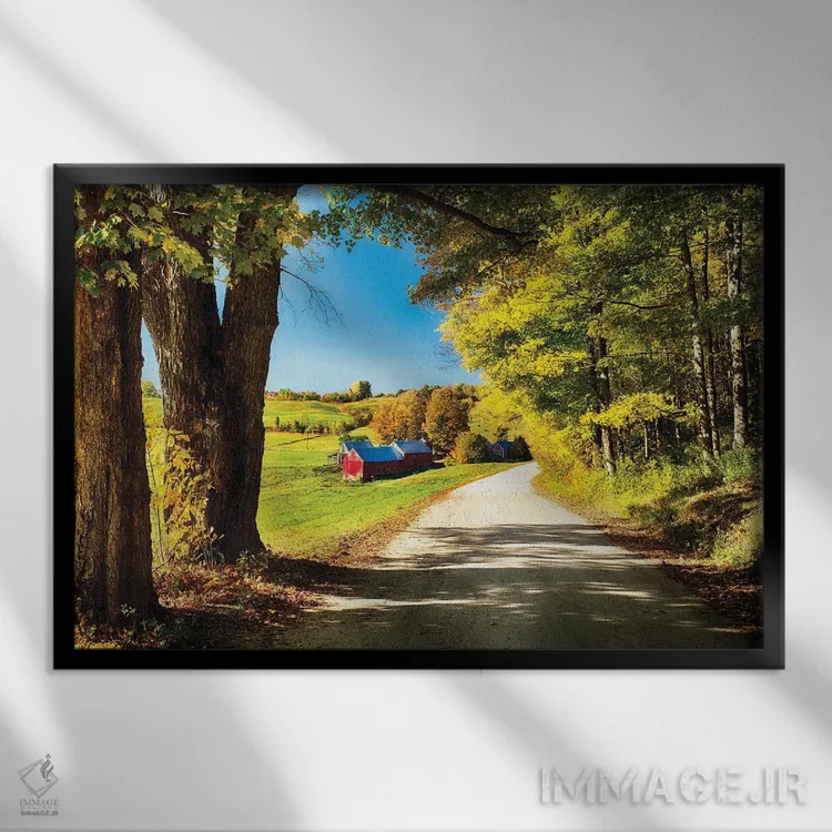 تابلو دکوراتیو مزرعه ورمونت کنار جاده روستایی اثر جورج اوزه - نمای قابدار مشکی
