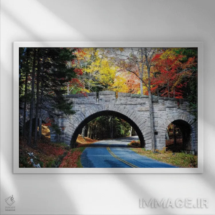 تابلو دکوراتیو پل سنگی بر جاده کالسکه رو، پارک ملی آکادیا، مین اثر جورج اوزه - نمای قابدار سفید