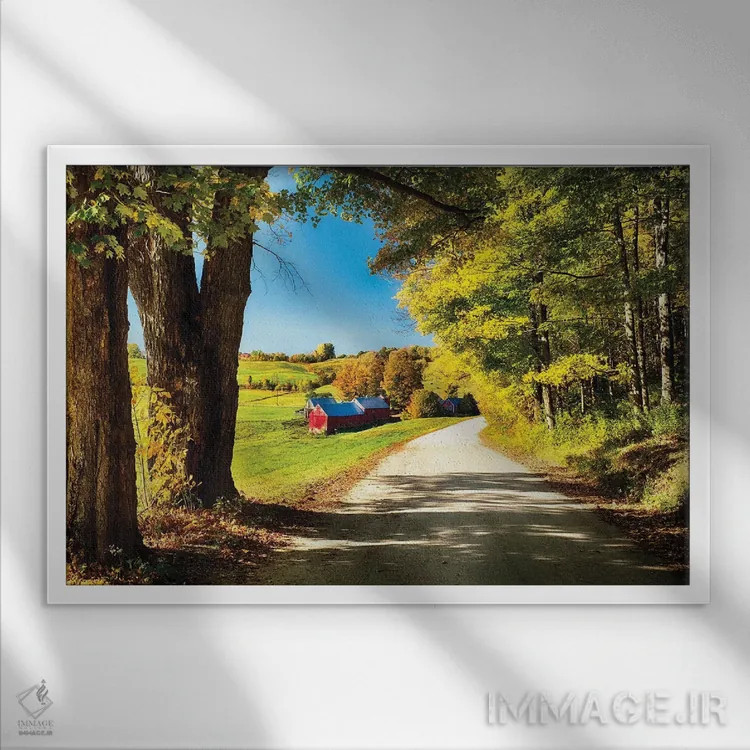 تابلو دکوراتیو مزرعه ورمونت کنار جاده روستایی اثر جورج اوزه - نمای قابدار سفید