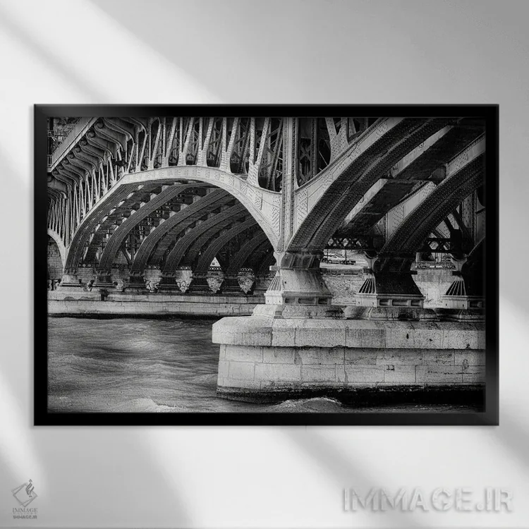 تابلو دکوراتیو ساختار پل قدیمی بر رود سئون، لیون، فرانسه اثر جورج اوزه - نمای قابدار مشکی