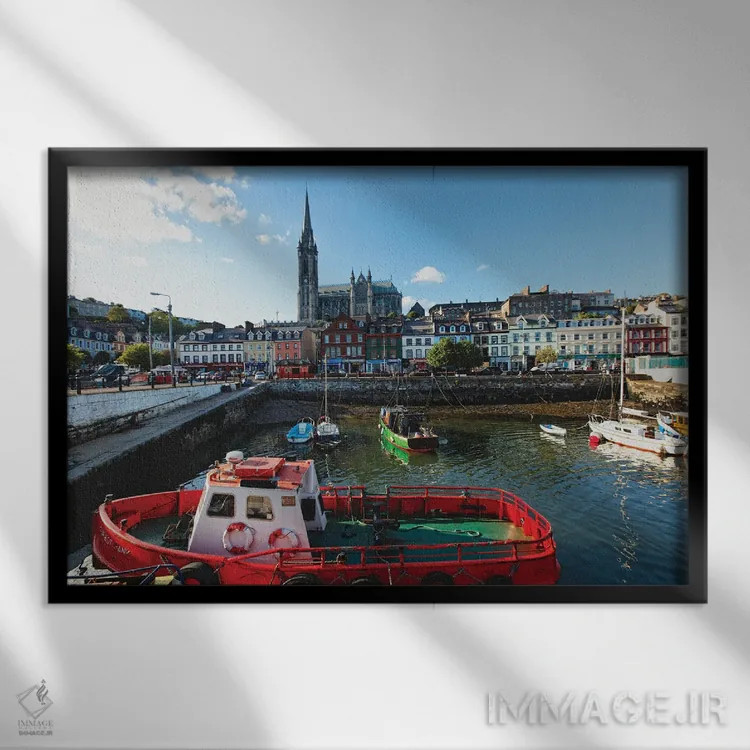 تابلو دکوراتیو Cobh, County Cork, Ireland,ساحل بندر، کوو، شهرستان کورک، ایرل… اثر جورج اوزه - نمای قابدار مشکی