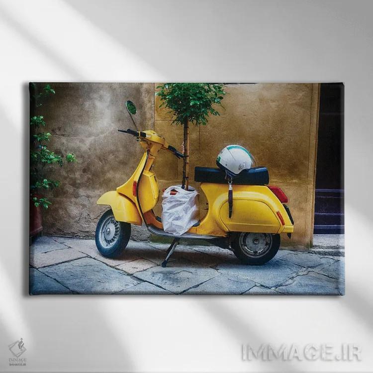 تابلو دکوراتیو Pienza, Tuscany, Italy,اسکوتر قدیمی با درخت کوچک پارک شده کنا… اثر جورج اوزه - نمای روبهرو روی دیوار