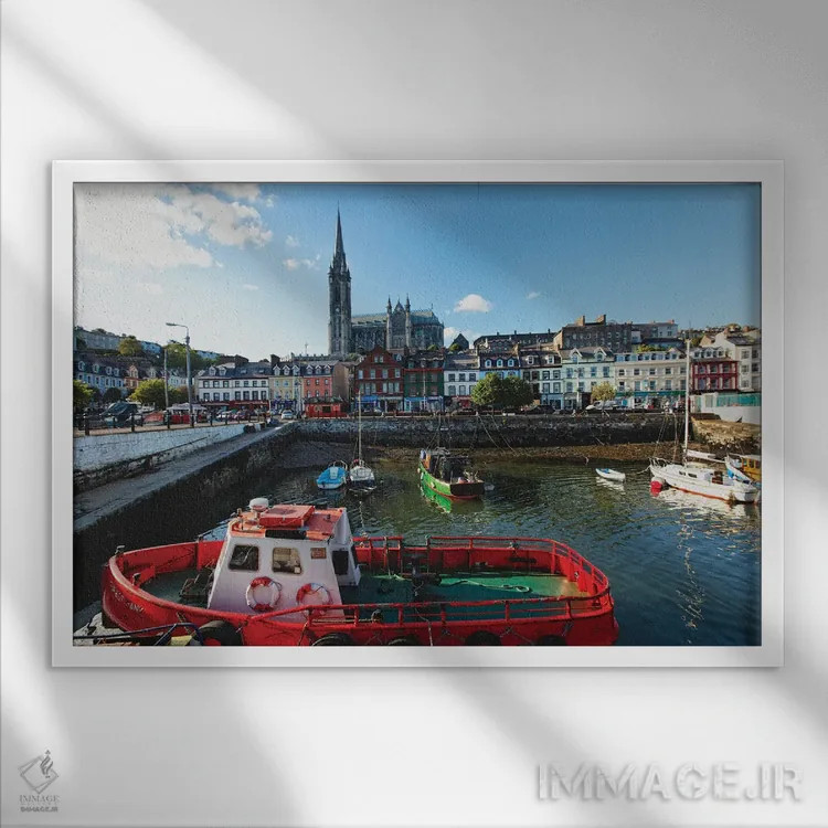 تابلو دکوراتیو Cobh, County Cork, Ireland,ساحل بندر، کوو، شهرستان کورک، ایرل… اثر جورج اوزه - نمای قابدار سفید