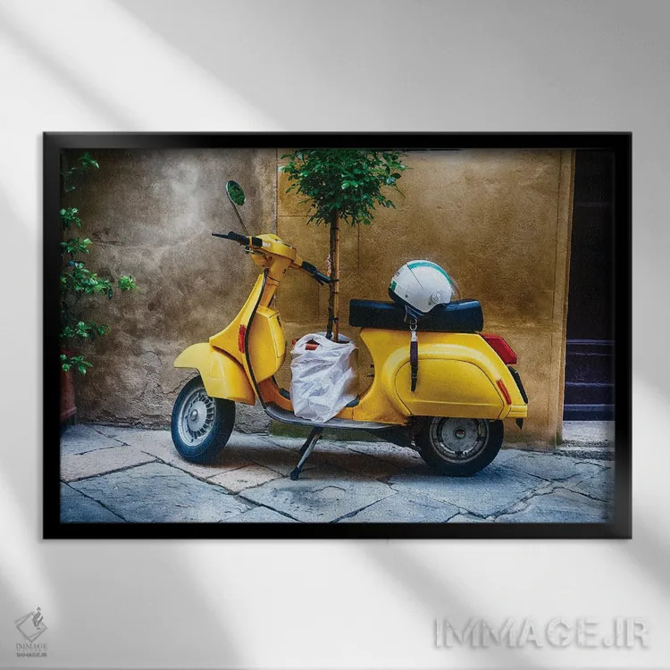تابلو دکوراتیو Pienza, Tuscany, Italy,اسکوتر قدیمی با درخت کوچک پارک شده کنا… اثر جورج اوزه - نمای قابدار مشکی