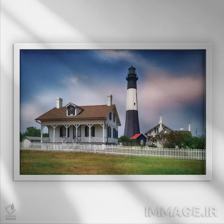 تابلو دکوراتیو فانوس دریایی تایبی آیلند با کلبه نگهبان، ساحل ساوانا، جورجیا اثر جورج اوزه - نمای قابدار سفید