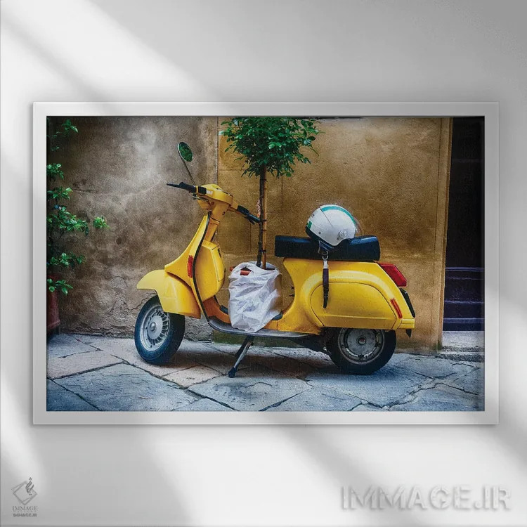 تابلو دکوراتیو Pienza, Tuscany, Italy,اسکوتر قدیمی با درخت کوچک پارک شده کنا… اثر جورج اوزه - نمای قابدار سفید