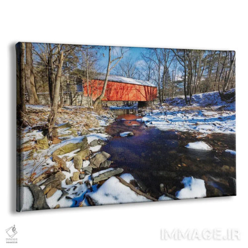 تابلو دکوراتیو پل سرپوشیده بر فراز کابین ران کریک در زمستان، پنسیلوانیا اثر جورج اوزه - نمای پرسپکتیو محصول