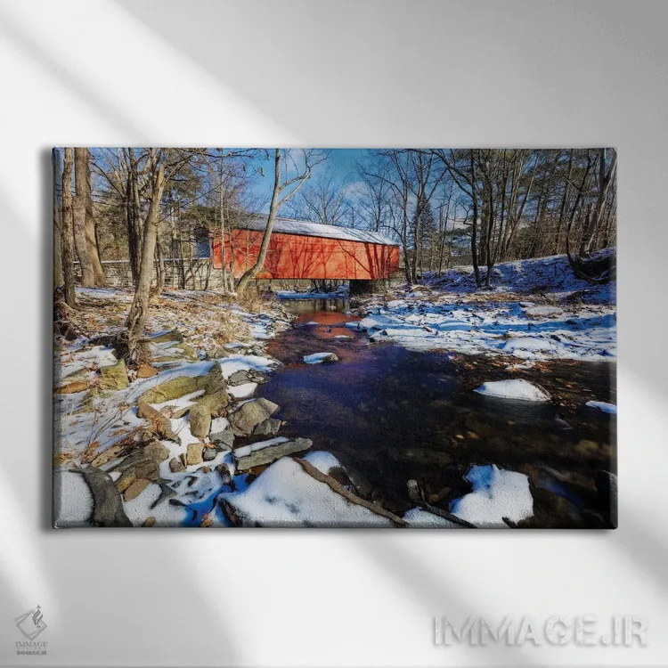 تابلو دکوراتیو پل سرپوشیده بر فراز کابین ران کریک در زمستان، پنسیلوانیا اثر جورج اوزه - نمای روبهرو روی دیوار