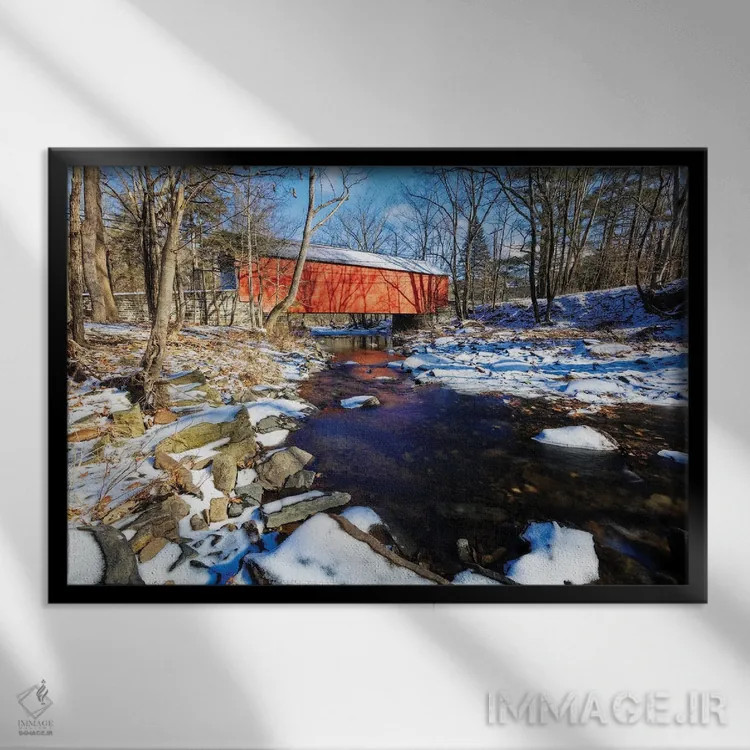 تابلو دکوراتیو پل سرپوشیده بر فراز کابین ران کریک در زمستان، پنسیلوانیا اثر جورج اوزه - نمای قابدار مشکی