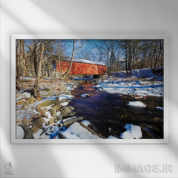 تابلو دکوراتیو پل سرپوشیده بر فراز کابین ران کریک در زمستان، پنسیلوانیا اثر جورج اوزه - نمای قابدار سفید