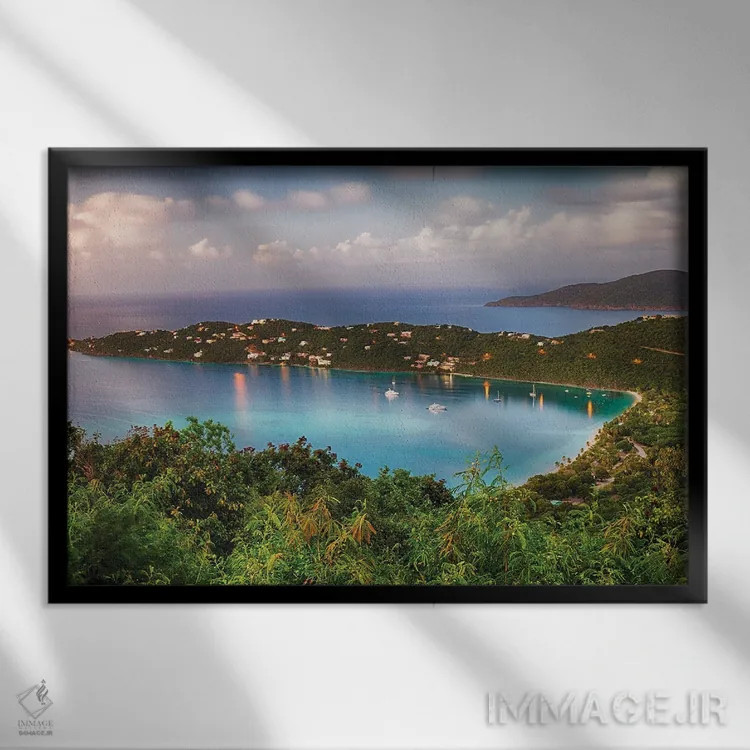 تابلو دکوراتیو نمای پانوراما از خلیج ماگنز بعد از غروب، سنت توماس اثر جورج اوزه - نمای قابدار مشکی