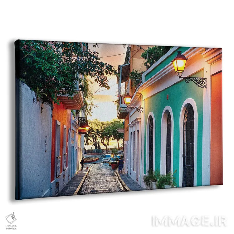 تابلو دکوراتیو خیابان سن خوان قدیمی در درخشش غروب، پورتوریکو اثر جورج اوزه - نمای پرسپکتیو محصول