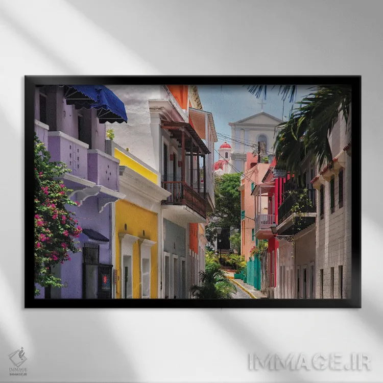 تابلو دکوراتیو خیابان های رنگارنگ سن خوان قدیمی، پورتوریکو اثر جورج اوزه - نمای قابدار مشکی