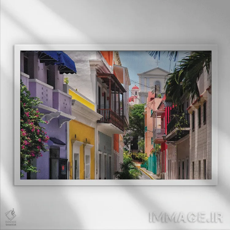 تابلو دکوراتیو خیابان های رنگارنگ سن خوان قدیمی، پورتوریکو اثر جورج اوزه - نمای قابدار سفید