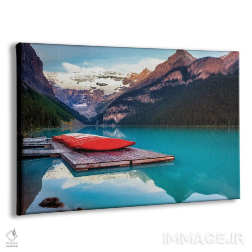تابلو دکوراتیو قایق های کانو قرمز بر اسکله چوبی، دریاچه لوییز، آلبرتا، کاناد… اثر جورج اوزه - نمای پرسپکتیو محصول