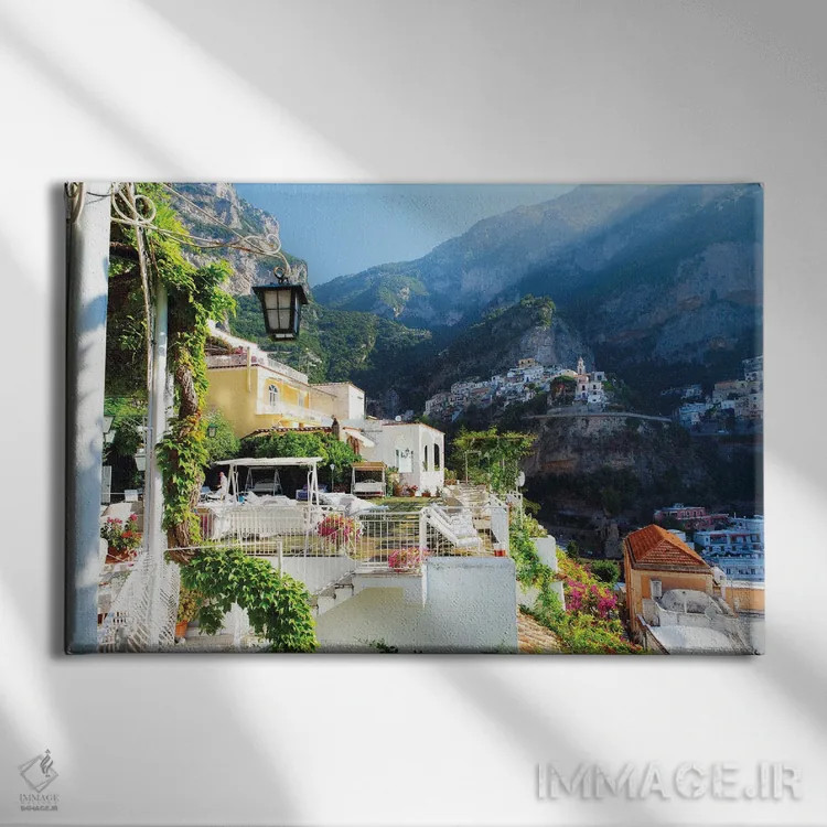 تابلو دکوراتیو نمای صبحگاهی شهر تپه ای، پوزیتانو، سواحل آمالفی، کامپانیا، ای… اثر جورج اوزه - نمای روبهرو روی دیوار