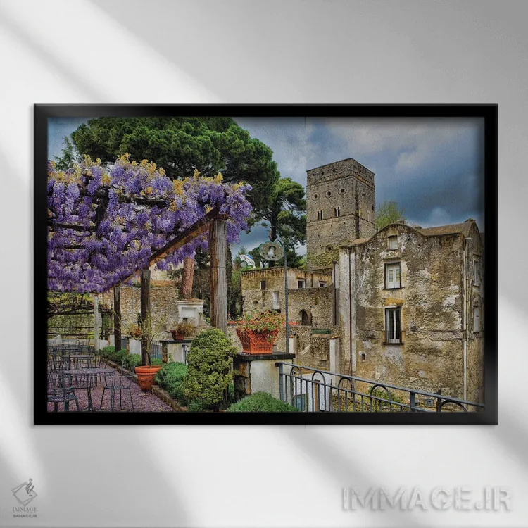 تابلو دکوراتیو شکوفایی گلیسین، ویلا روفولو، راولو، استان سالرنو، ایتالیا اثر جورج اوزه - نمای قابدار مشکی