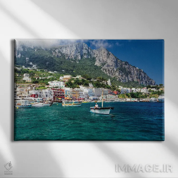 تابلو دکوراتیو نمای بندر مارینا گرانده از دریا، کاپری، کامپانیا، ایتالیا اثر جورج اوزه - نمای روبهرو روی دیوار