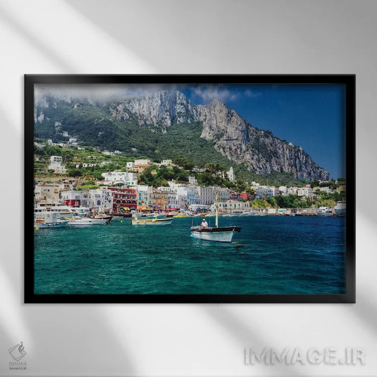 تابلو دکوراتیو نمای بندر مارینا گرانده از دریا، کاپری، کامپانیا، ایتالیا اثر جورج اوزه - نمای قابدار مشکی